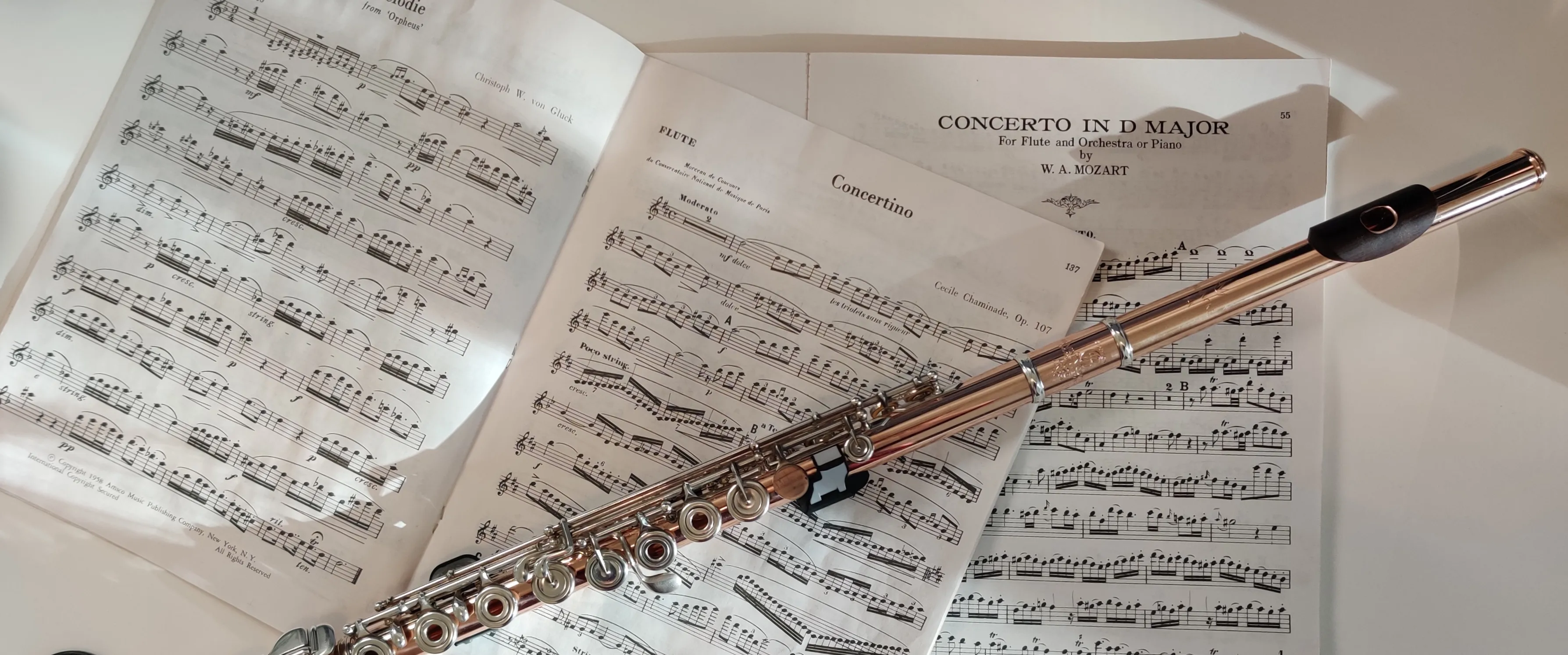 A rose gold flute resting across open flute music