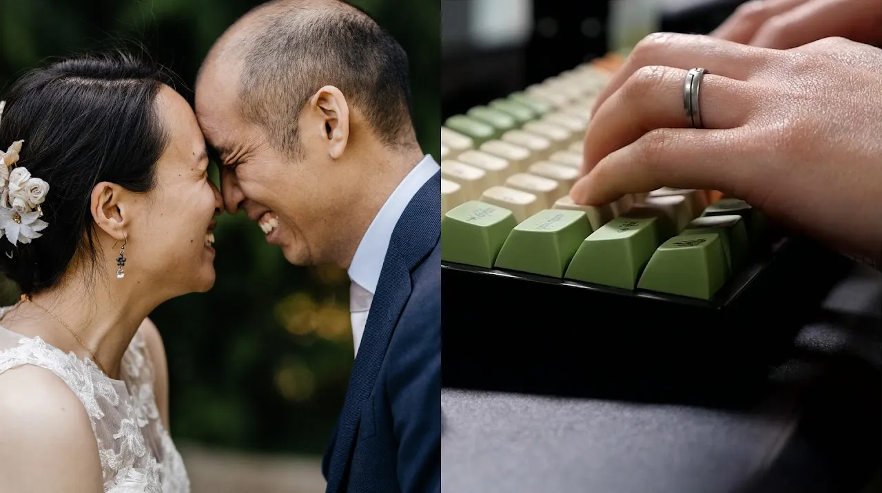 Joanna and Jon smiling together on their wedding day beside a close-up of Joanna typing at a green keyboard